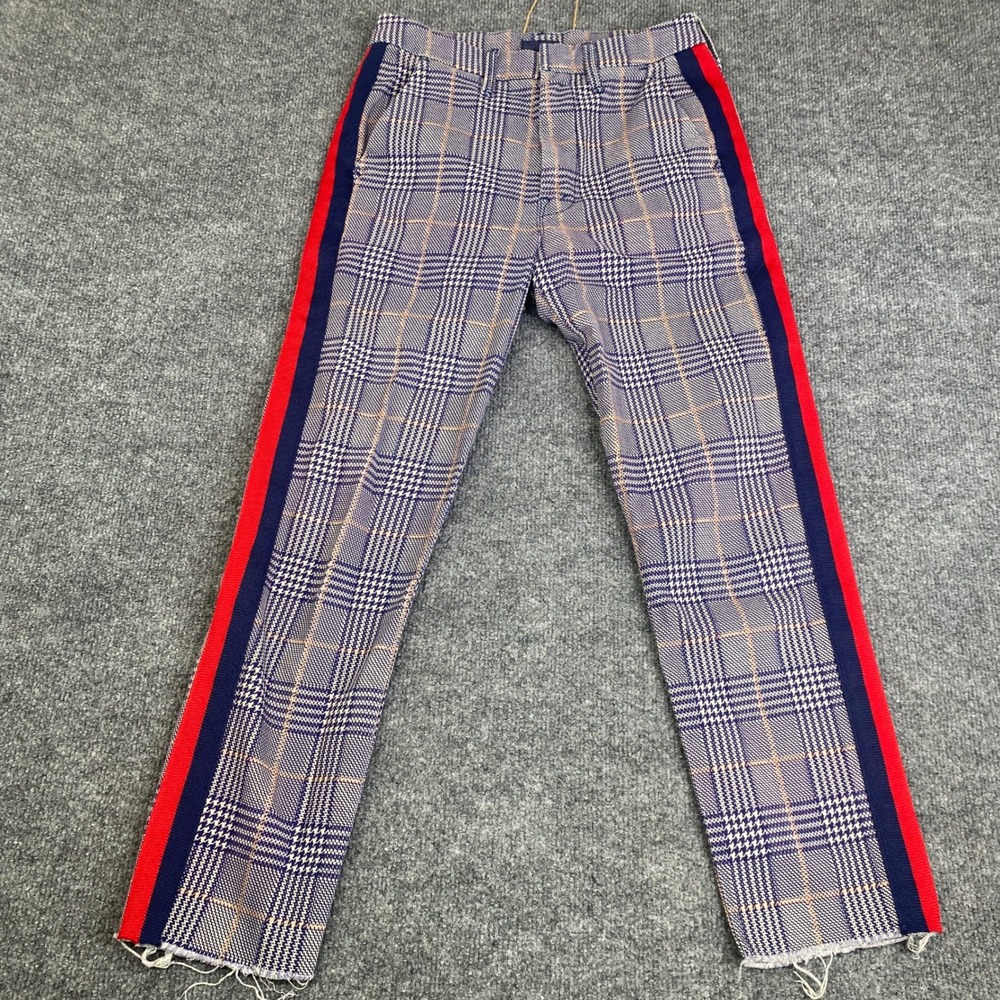 Mother The Shaker Prep Fray Pink Navy Plaid Side Stripe Pants 25 1092-619